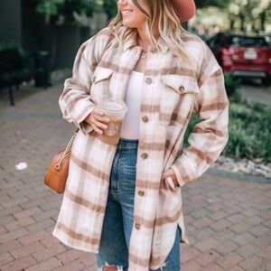 BP Plaid Button Up Shirt Jacket | Size M | Cream, Brown, Pink